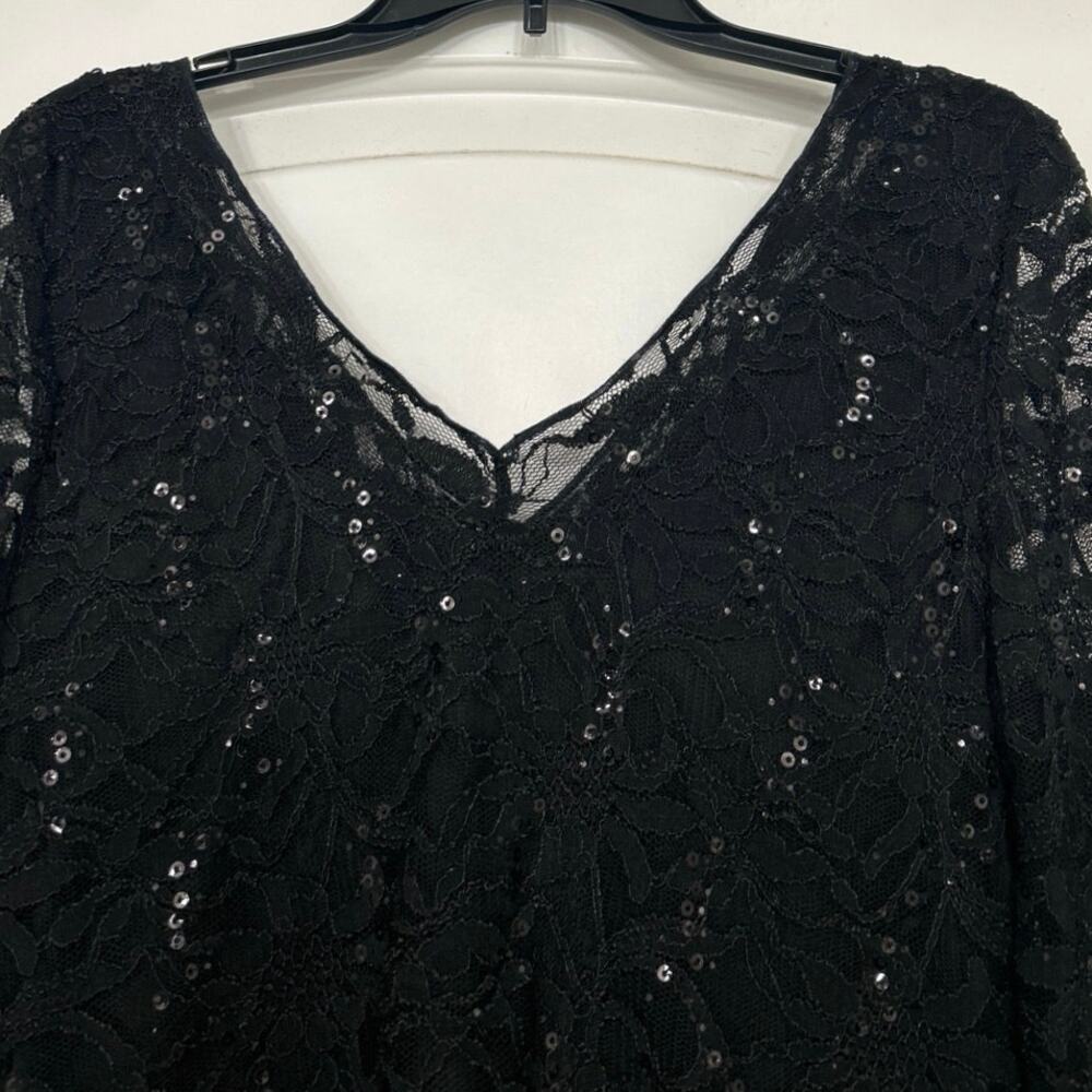 Boston Proper Black Lace Sequin V-Neck Top XL Made USA Y2K Evening Sheer Sleeves - Picture 8 of 11